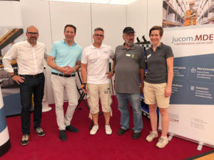 Messestand von jucom auf der Gewerbeschau in Neunkirchen mit Andreas Oehm, Bernhard Baumann, Achim Greis, Wolfgang Seibel und Nicola Spreemann